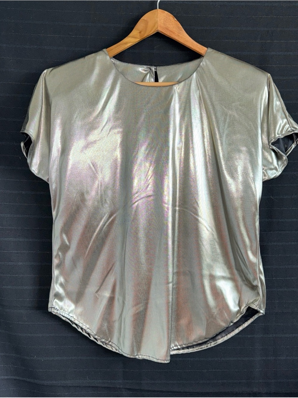 Vintage 80s Tres Paquette Byer California Silver Lame Short Sleeve Shirt M Shiny